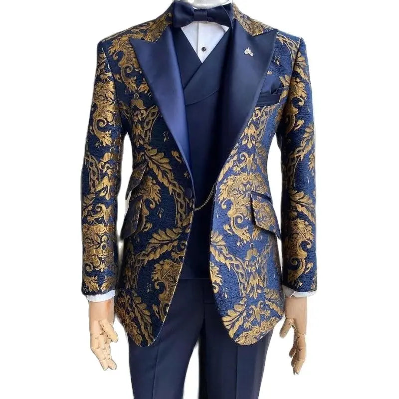 Navy blue gold floral jacquard 3 piece slim fit men groom wedding tuxedo jacket vest pant