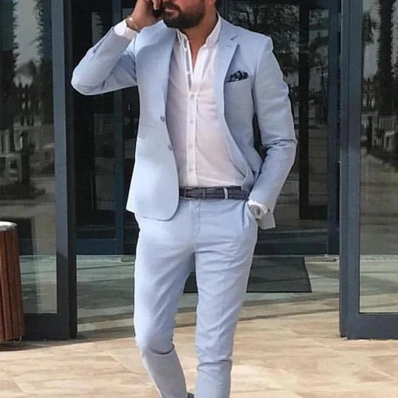 Sky blue linen beach men suit summer 2 piece slim groom tuxedo wedding jacket pants