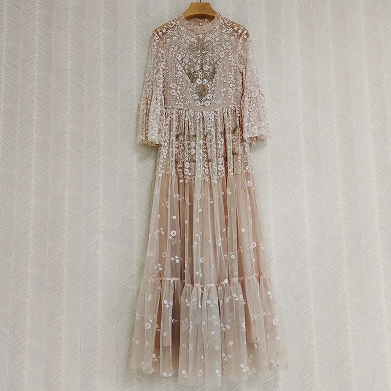 Fashion Designer Autumn Long Dress Women Luxury Embroidery Beading Crystal Flare Sleeve Mesh Party Dresses