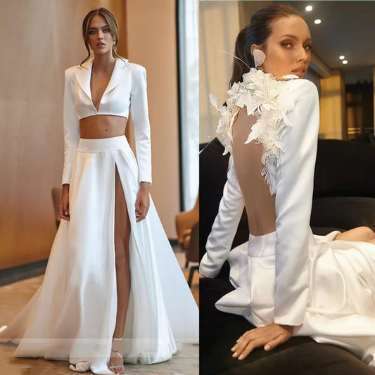 2 Pieces Satin Wedding Dress With Jacket Long Sleeve Simple White Elegant V Neck Flowers Bride Dress Side Split Vestido de novia Champagne