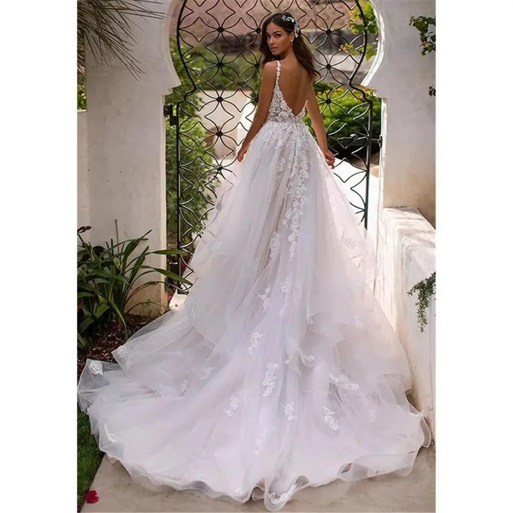 Long boho A-line backless wedding dress 3D flowers spaghetti straps princess floor length bridal gown