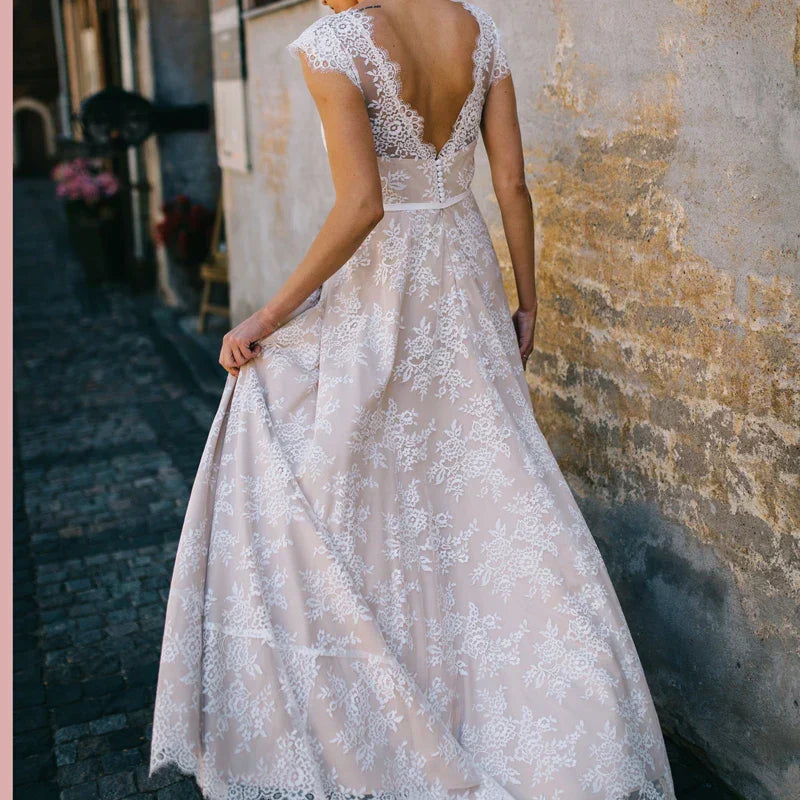 Vintage Champagne Lace Bohemian Wedding Dress A Line Cap Sleeve Sexy Backless Bridal Gown Vestidos de Novia