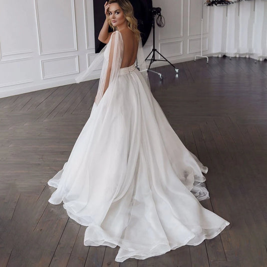 Deep V-Neck Minimalist Ruched Organza Wedding Dress Pleated Drop Ship Simple Customized Beach Backless Trailing Bridal Gowns