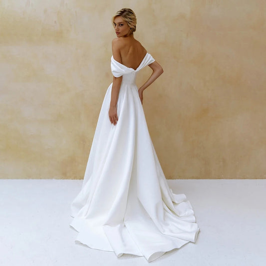 Off Shoulder Satin Plain Wedding Dress Simple A Line Customized Backless Plus Size Sweep Train Ivory Drop Sleeves Bridal Gowns