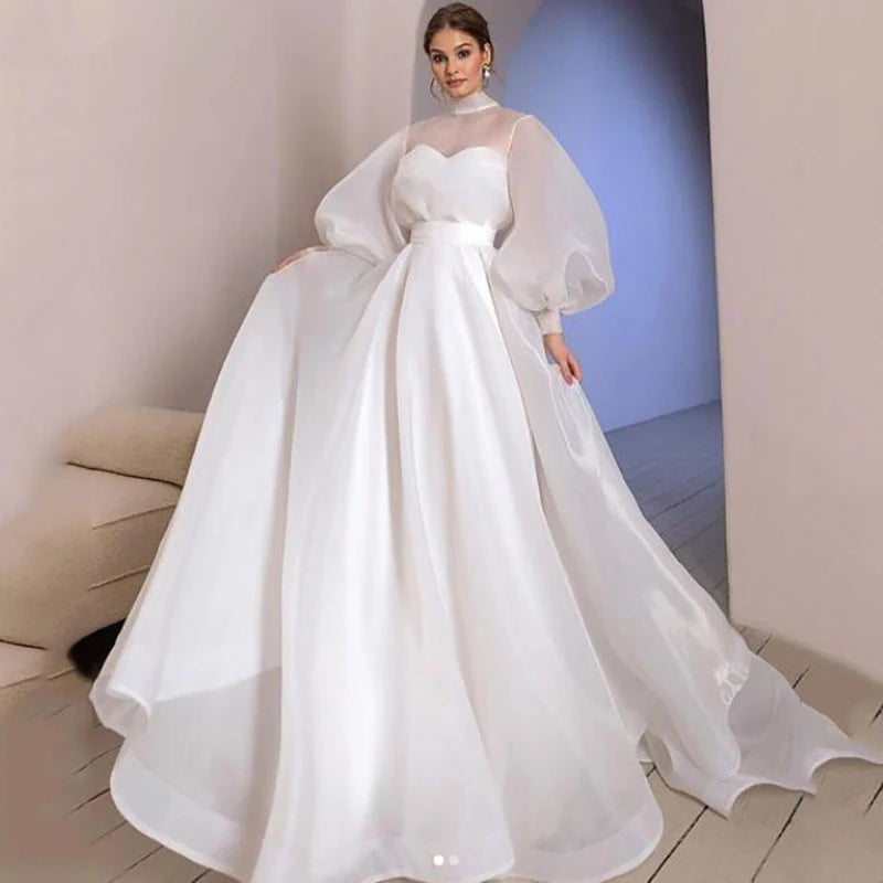 Elegant Halter Neck Organza Wedding Dresses Puff Sleeve Bride Gown Simple And Clean Vestido De Novia