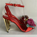 Sequins satin crystal flower bling luxury ankle strappy metal heel party women sandals detail