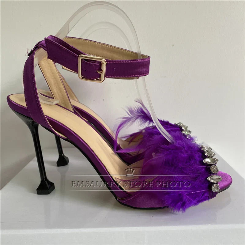 Luxury ankle strap feather jeweled goblet heel satin open toe summer high heel sandals close-up