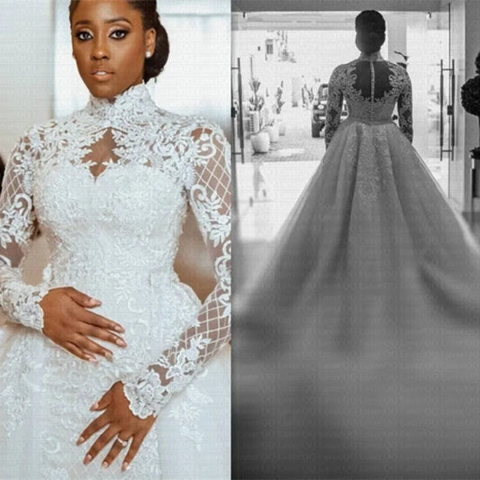 Customized Arrival 2 in 1 African Mermaid Wedding Dresses Sexy High Neck Arabic Bridal Gowns Long Sleeves Lace Robe De Mariee