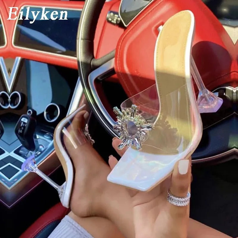 Eilyken PVC Transparent Crystal Sun Flowers Buckle Womens Slippers Summer Square Toe High Heels Sandals Ladies Shoes