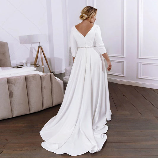 Boat Neck Satin Wedding Dress 2021 Simple Customized Plus Size Sweep Train Three Quarter Sleeves Beading V Back Bridal Gowns