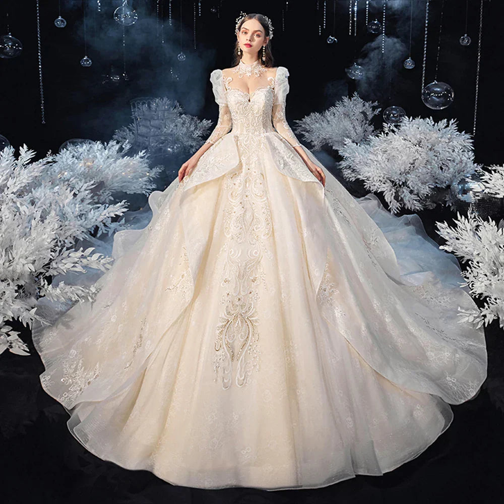 Three quarter sleeve pearls crystal appliques lace gorgeous ball gown wedding dress