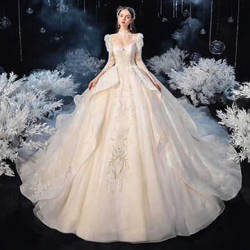 Three quarter sleeve pearls crystal appliques lace gorgeous ball gown wedding dress