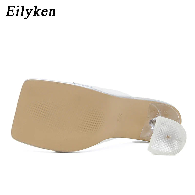 Eilyken PVC Transparent Crystal Sun Flowers Buckle Womens Slippers Summer Square Toe High Heels Sandals Ladies Shoes
