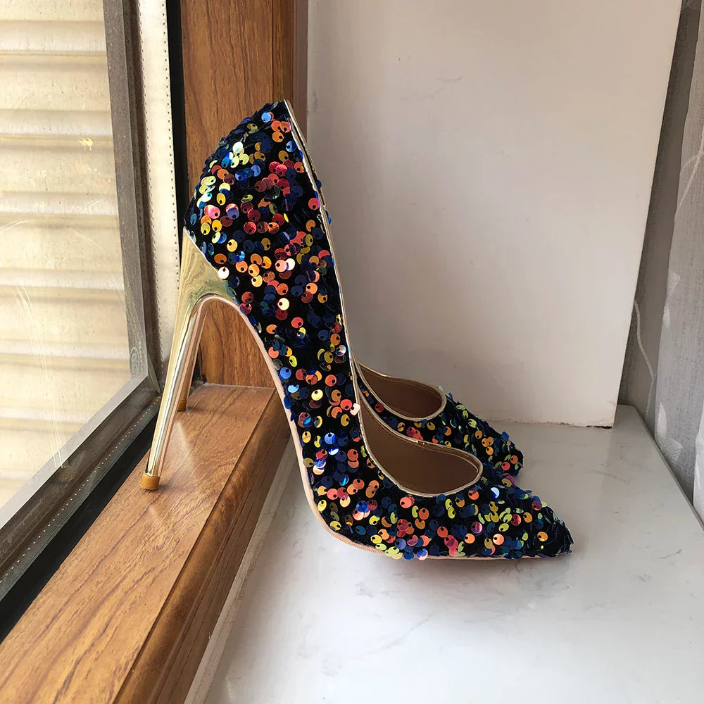 Tikicup Blue Bling Sequins Women Sexy Extremely High Heels Pointed Toe Slip On Stiletto Chic Pumps Ladies Party Wedding Shoes