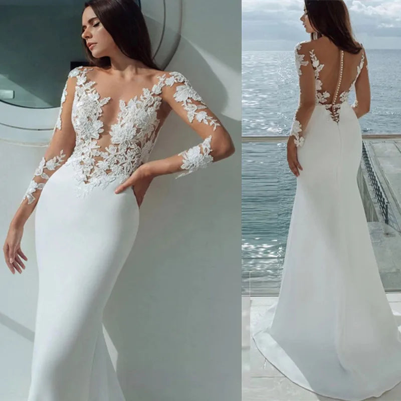 Customized Long Sleeves Mermaid Wedding Dresses White Sexy Illusion Neck Lace Appliques Elegant Bridal Dress Gown Beach Vestidos