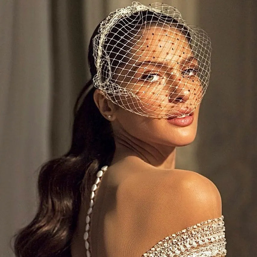 TOPQUEEN VA06 Face Veil Russian Tulle Cage Veil with Rhinestones Simple Detachable Blusher Veil Pearls Birdcage Veil on the Face