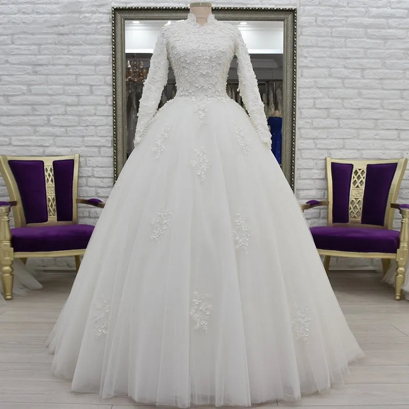 Muslim wedding dress Dubai high neck 3D flowers pearls long sleeves bridal gown