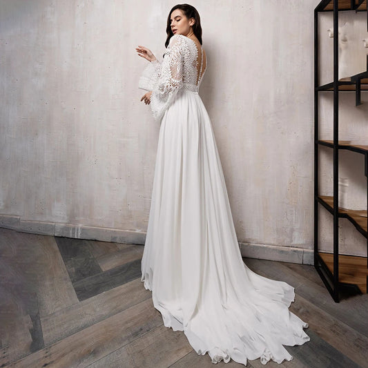 Big Size Beach Princess Wedding Dress Boho Cut-Out Lace Customized Long Sleeves Customized Chiffon Bridal Gowns Short Train