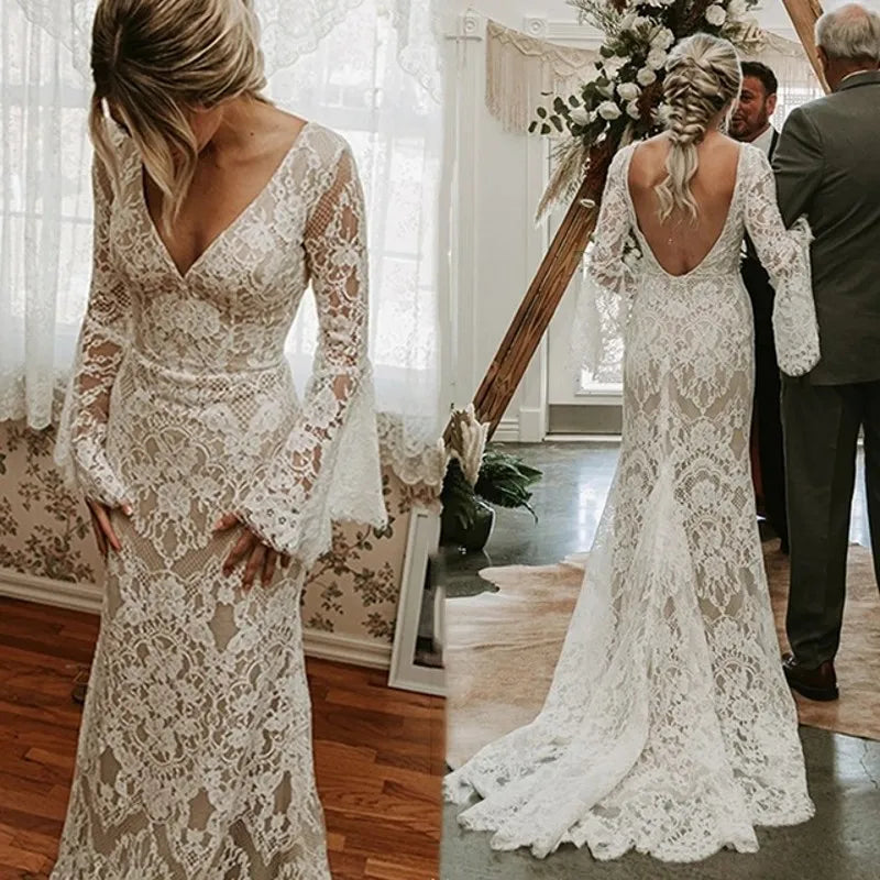 Vintage lace mermaid beach flare sleeves open back boho size chart