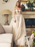 Elegant A-line Wedding Dresses For Women Sweetheart Removable Puff Sleeves Lace Applique Backless Bridal Gown Vestidos De Novia