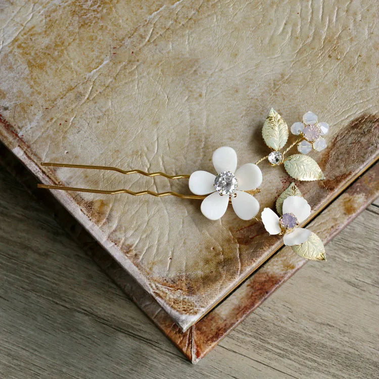 Opal Crystal Hairpins Flower Leaf Headpieces Headdress Brides Women Hair Combs Pins Clips Wedding Jewelry Bridal Accessories