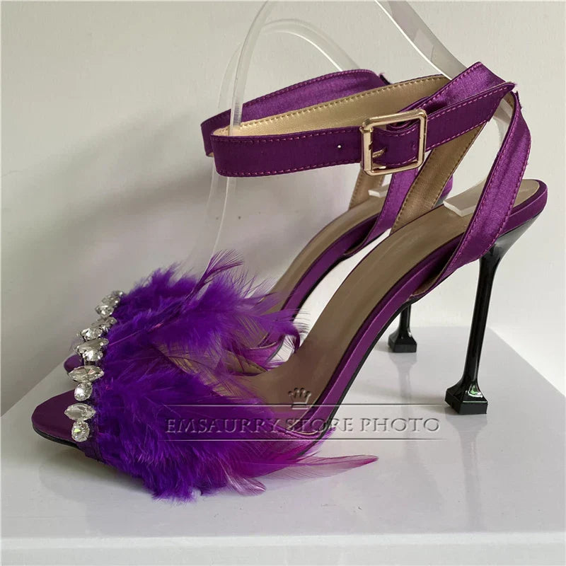Ankle strap feather jeweled goblet heel satin luxury open toe high heel summer women sandals side view