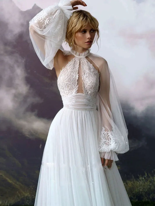 Customized Puff Long Sleeves Wedding Dress For Women Country Tulle A Line High Neck Pearls Lace Applique Romantic Bridal