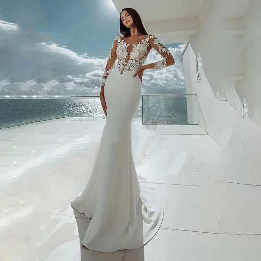 Customized Long Sleeves Mermaid Wedding Dresses White Sexy Illusion Neck Lace Appliques Elegant Bridal Dress Gown Beach Vestidos