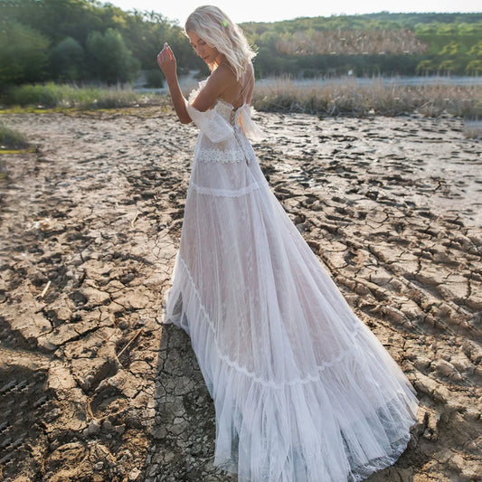 Bohemian Beach V Neck Wedding Dresses Spaghetti Straps Tulle Customized Criss Cross Corset Back Backless Boho Bridal Gowns