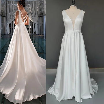 A Line V Neck Satin Minimalist Wedding Dress Simple Criss Cross Open Back Customized Sleeveless Plus Size Long Wrap Bridal Gown