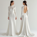  Modern high-neck long-sleeve wedding dress with an open back, crafted from sleek satin for a timeless bridal look.