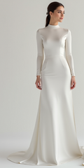 Modern high-neck long-sleeve wedding dress with an open back, crafted from sleek satin for a timeless bridal look.