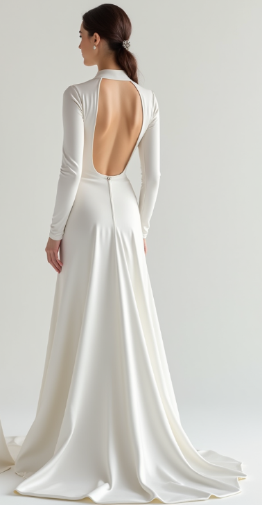 Modern high-neck long-sleeve wedding dress with an open back, crafted from sleek satin for a timeless bridal look.