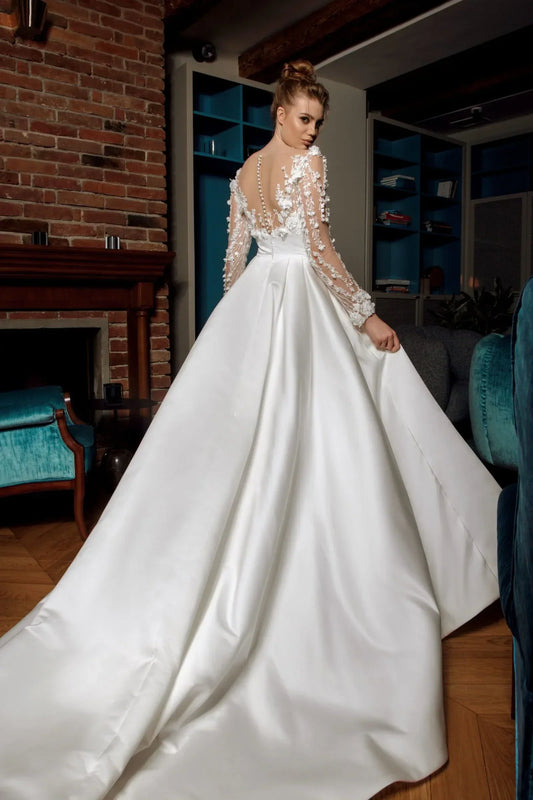3D Lace Embroidery A Line Wedding Dress Long Illusion Sleeves Satin Skirt Front Slit Bridal Gown Sheer Neck Bride Dress
