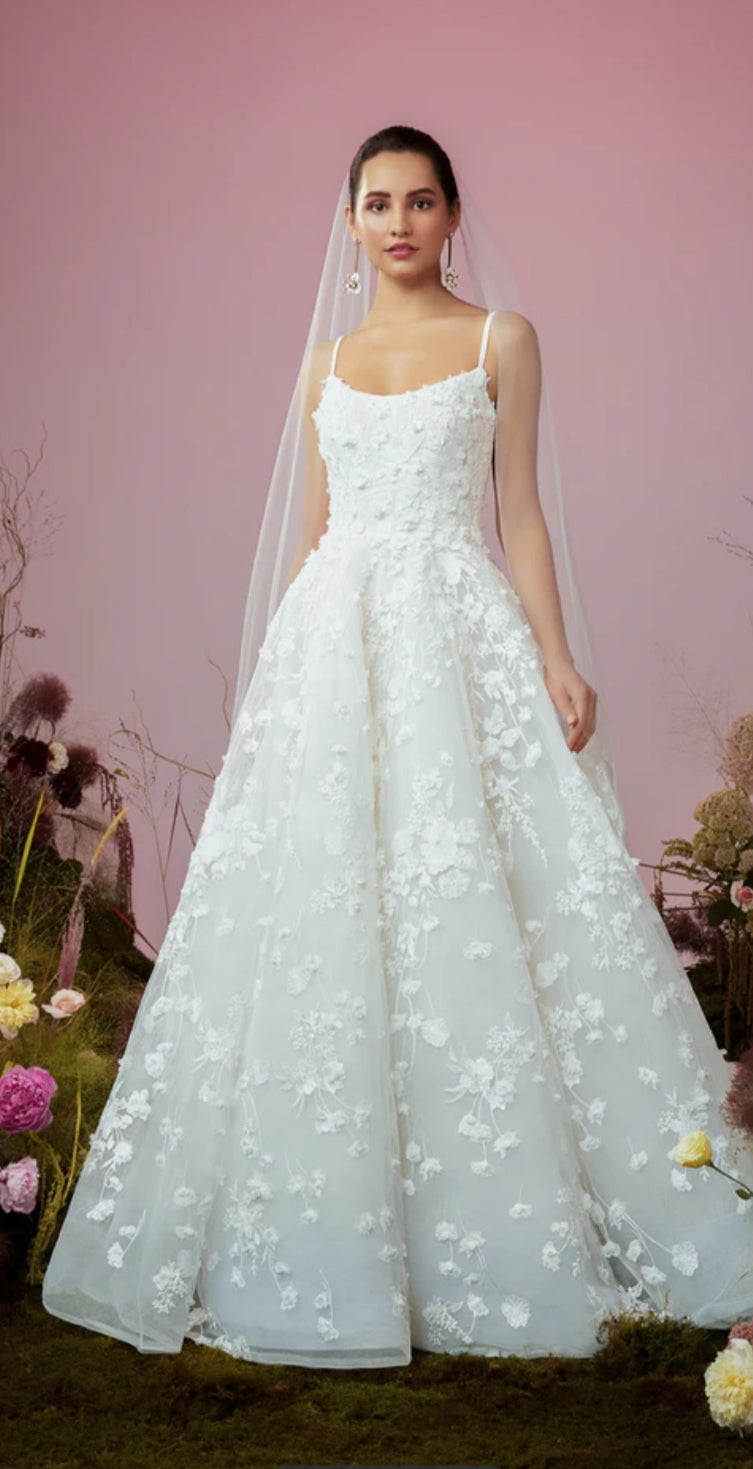Pastoral scoop 3D flower spaghetti straps backless court train custom made wedding dress bridal gown