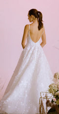 Backless spaghetti straps 3D flower scoop pastoral custom court train wedding dress side view