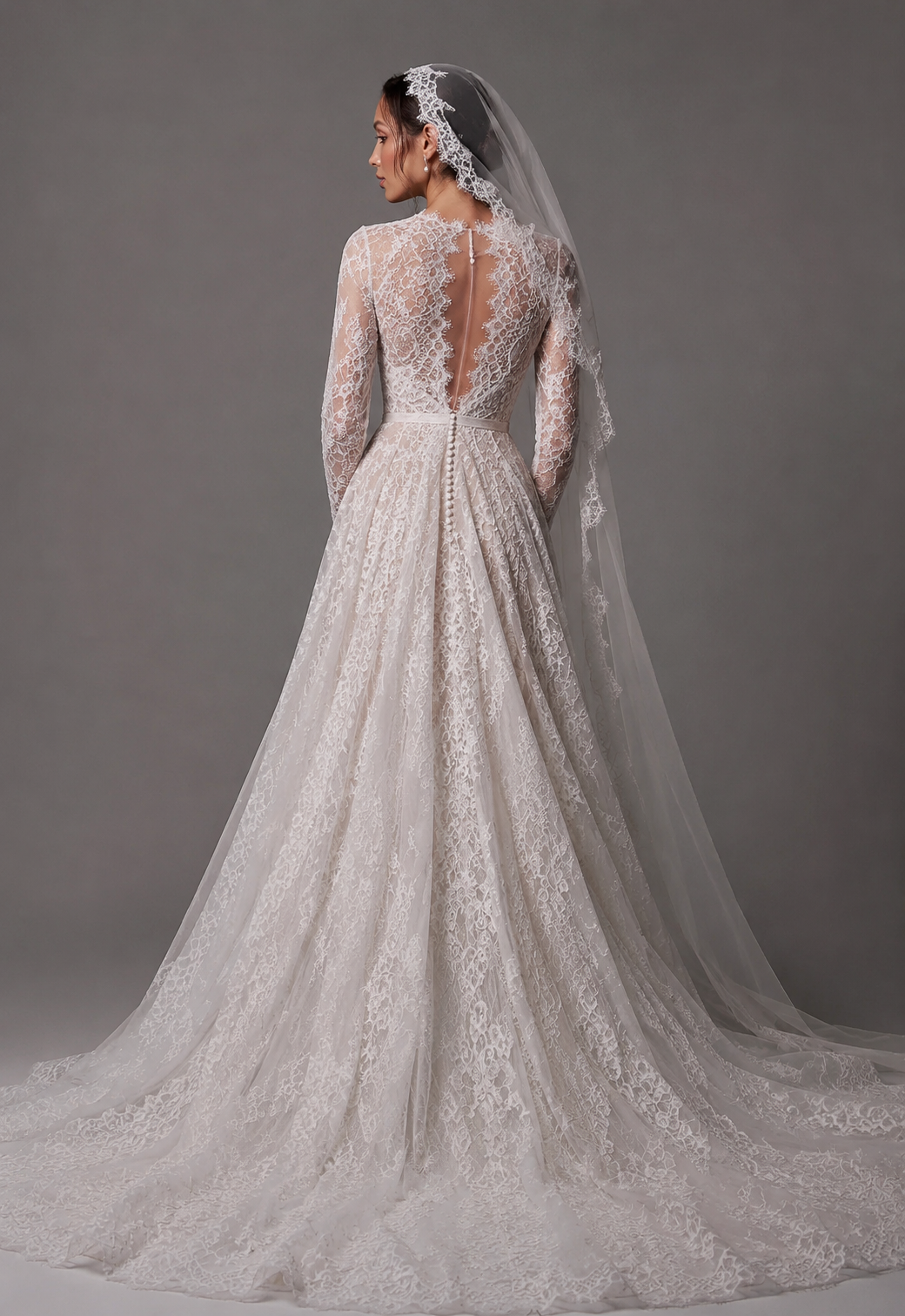 Customized Lace Wedding Dress Long Sleeves Deep V Neck Applique Sweep Train Illusion Back - Image 1