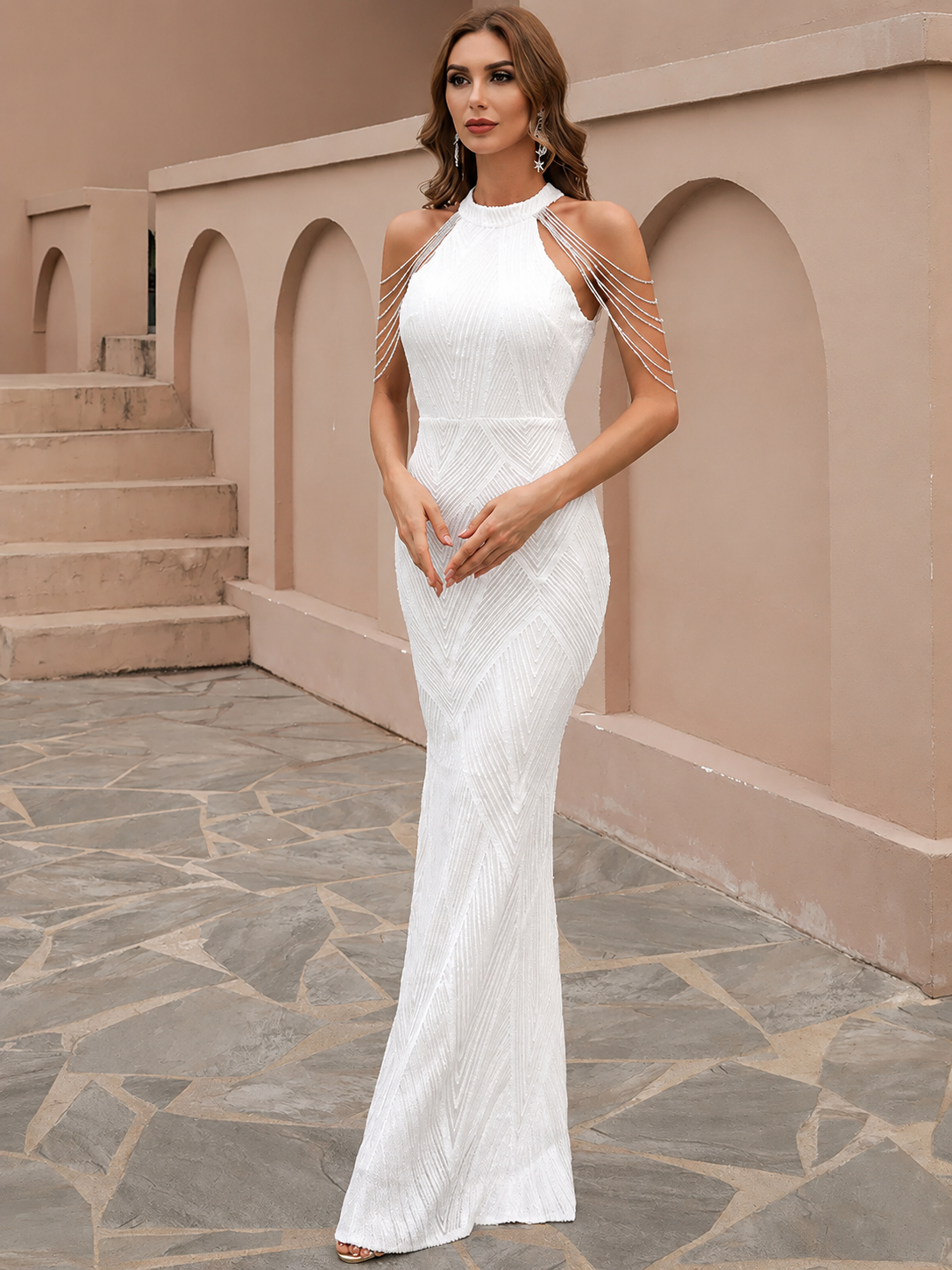 Missord White Sequin Wedding Party Dress Elegant Women Halter Sleeveless Tassel Beading Bodycon Prom Evening - 