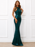 Missord green Sequin Wedding Party Dress Elegant Women Halter Sleeveless Tassel Beading Bodycon Prom Evening 