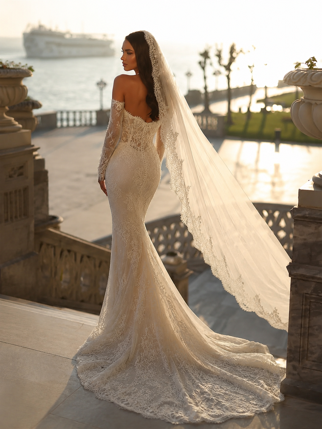 Customized Mermaid Lace Wedding Dresses with Off the Shoulder Full Sleeves Long Bride - Image 1
