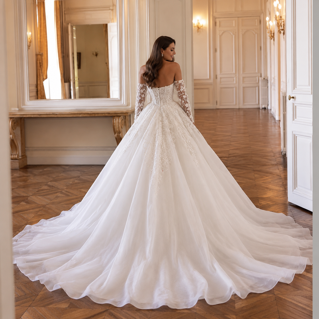 Customized Strapless Long Sleeve Ball Gown Wedding Dress Luxury Appliques Beading - Image 1