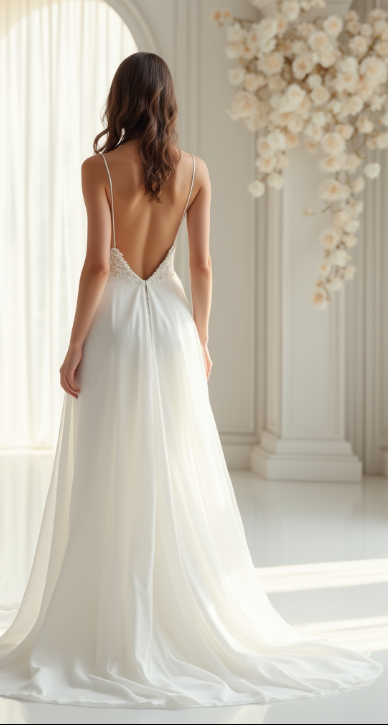 Romantic A-line wedding dress with lace bodice, sweetheart neckline, and low back with pearl details