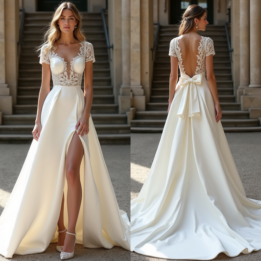  Elegant A-line wedding dress featuring a lace bodice, satin skirt, deep V-neckline, and high slit – the perfect blend of modern and classic bridal beauty