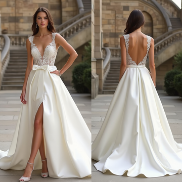 : Dreamy lace and satin A-line bridal gown showcasing a flowing silhouette, high slit, and elegant floral embroidery. | فستان زفاف ملكي من الساتان والدانتيل بتصميم عصري أنيق | Vestido de novia romántico con falda de satén y encaje floral | Robe de mariée élégante en satin et dentelle avec une coupe fluide.