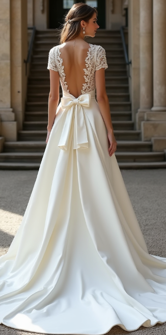  Bridal gown with an open-back lace bodice, flowing satin skirt, and a statement bow – an enchanting and timeless wedding dress design