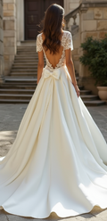 Open-back wedding dress with lace bodice, satin skirt, and a statement bow – an ethereal gown for the elegant bride