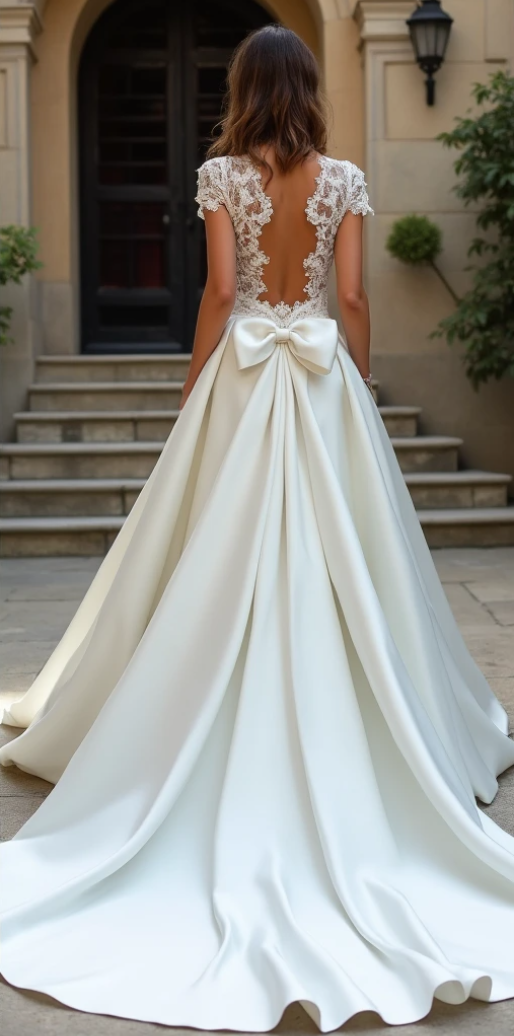 Bridal gown with an open-back lace bodice, satin skirt, and a statement bow – a timeless and elegant wedding look