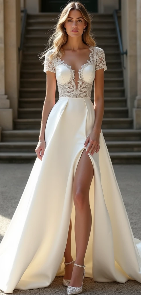 Romantic satin and lace A-line wedding dress with a high slit, intricate embroidery, and a plunging neckline, designed for the sophisticated bride