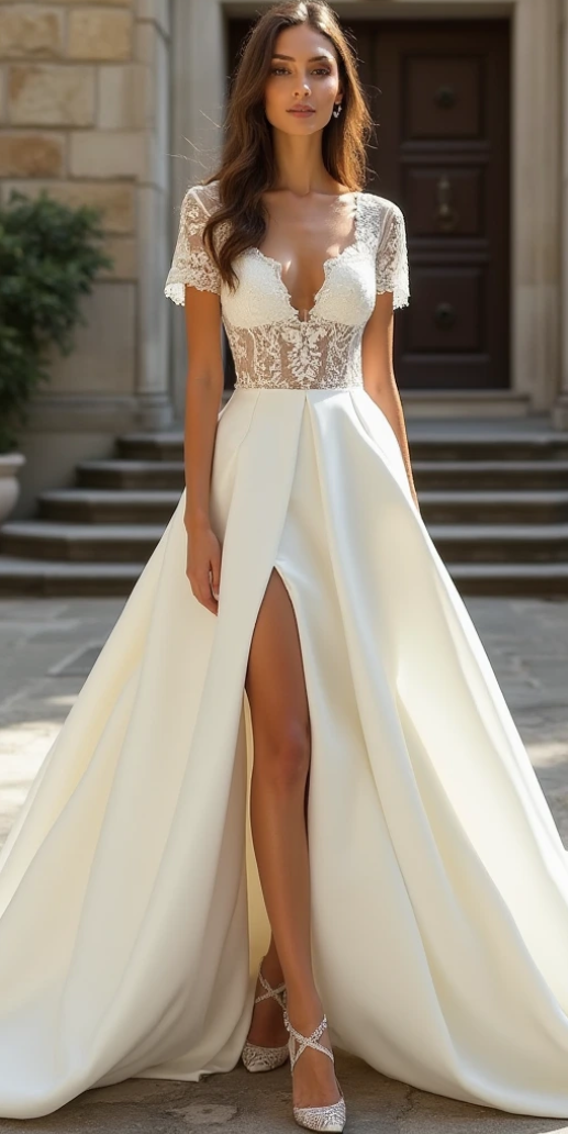  Ivory lace and satin A-line wedding dress with deep V-neck, short sleeves, and high slit – a modern and romantic bridal gown.