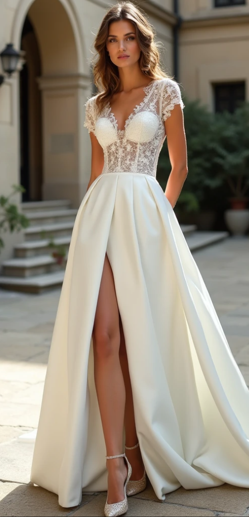 Satin and lace A-line wedding dress featuring a high slit, intricate embroidery, and a plunging neckline for a sophisticated bridal style